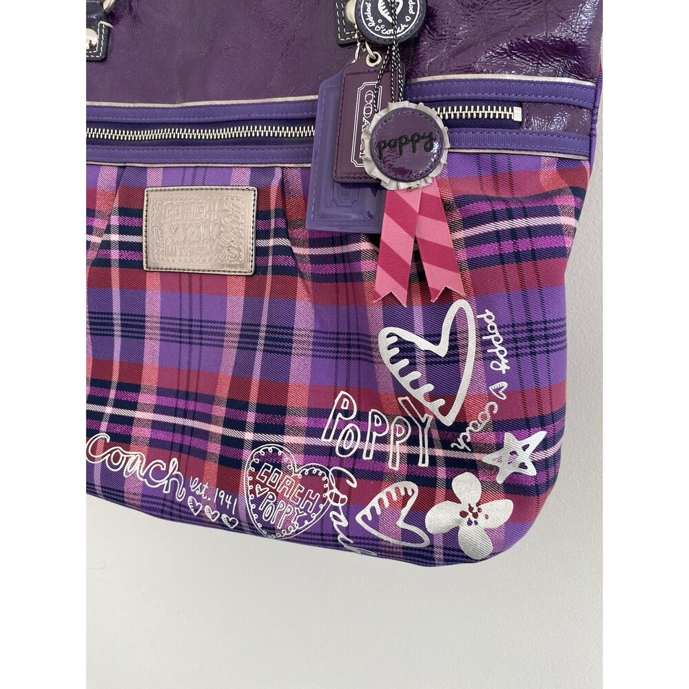 Large Rare Coach Poppy Y2K Purple Tartan Plaid Glam Tote Shoulder Bag - Picture 3 of 12